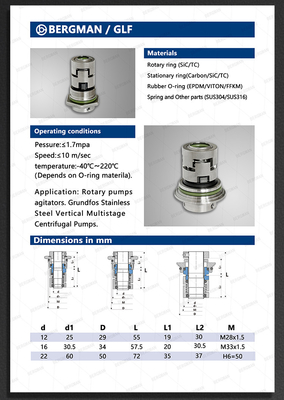 BERGMAN Replace Grundfos GLF-12 16  22 32 36mm CR CRN CRI Pump Mechanical Seal HQQV HQQE 96455086 96511844 96525458